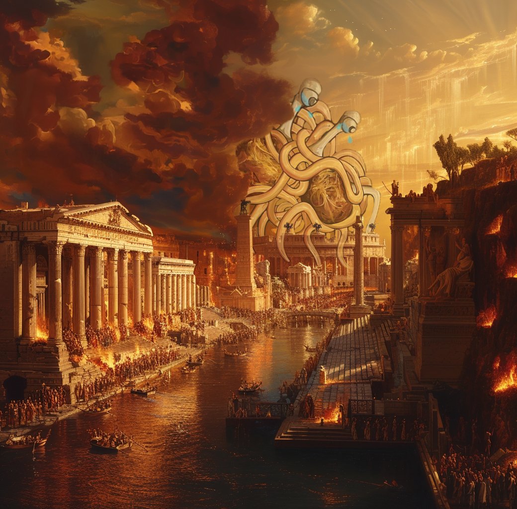 Did you know the fall of Rome broke the Flying Spaghetti Monster’s noodly heart? Here’s the saucy tale!

Rome’s emperors were throwing epic toga bashes, but by 476 AD, barbarians crashed the party. 🗡️ FSM, ever kind, tried to save the city with marinara blessings, but the