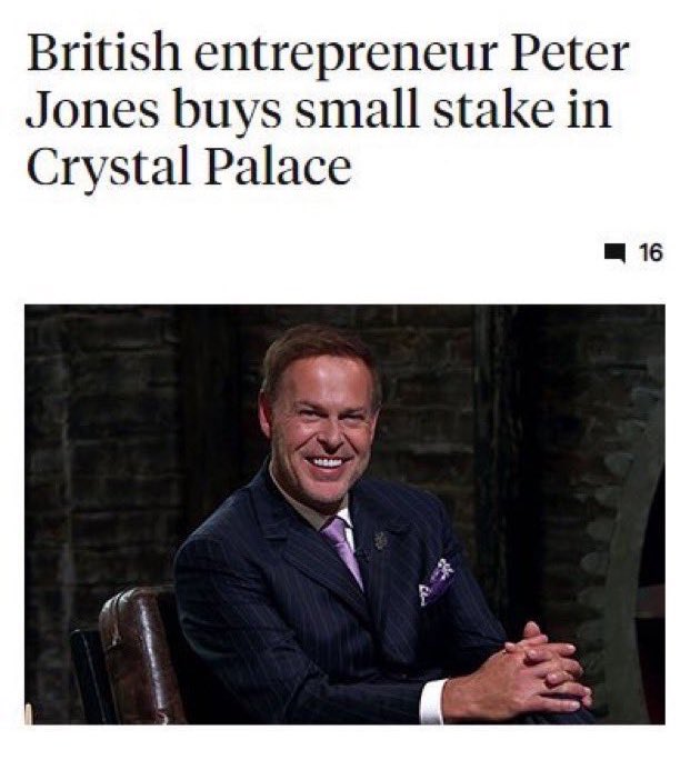CPFCGAY's tweet photo. Peter Jones, the entrepreneur famous for his role on TV show Dragons Den, has purchased a small stake in Crystal Palace with the potential aim of gaining majority control of the club. 

#CPFC https://t.co/TxJV6lbN7b