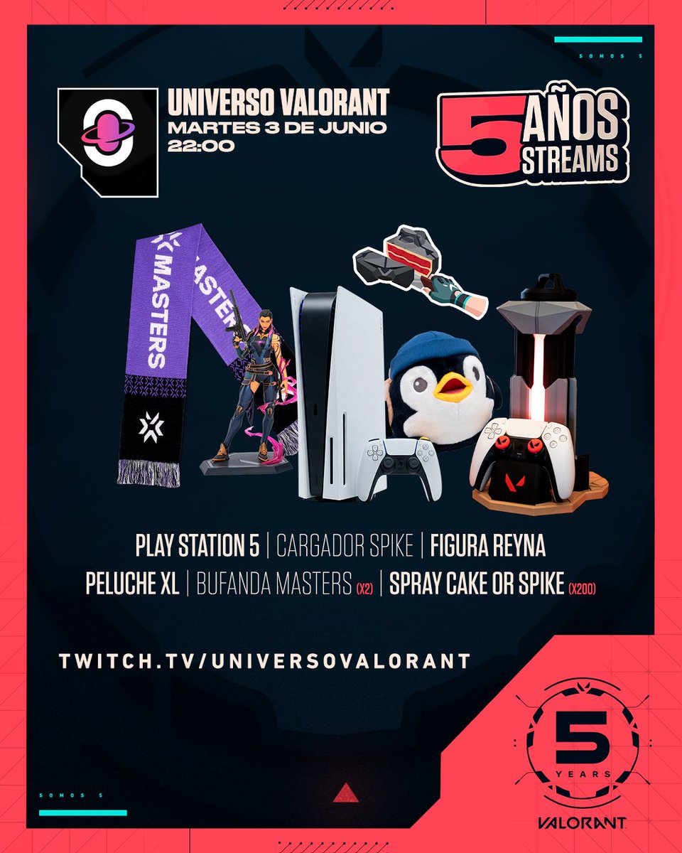Universo Valorant (@univalorant) on Twitter photo ¡HOY PROGRAMA ANIVERSARIO! 🔥
Celebramos 5 años de <a href="/VALORANTes/">VALORANT</a> rodeados de invitados y premios con #VAL5años5streams
Nos acompañarán <a href="/HITBOXKING/">HITBOXKING</a> <a href="/NaRaHNL/">Haneul Nara Lee</a> <a href="/Askattw/">GX Aska</a> <a href="/aer0z/">AEROZ</a> <a href="/berti_ux/">Bertiux</a> <a href="/BlackEspanolito/">KOI Black</a> <a href="/ulisesprieto/">uLISES 🦊</a> <a href="/Fit1nho/">Fit1nho</a> y <a href="/Mixwell/">OTK m1xwell</a>. Sólo faltas tú, ¡nos vemos a las 22:00! 🥳 ¡HOY PROGRAMA ANIVERSARIO! 🔥
Celebramos 5 años de <a href="/VALORANTes/">VALORANT</a> rodeados de invitados y premios con #VAL5años5streams
Nos acompañarán <a href="/HITBOXKING/">HITBOXKING</a> <a href="/NaRaHNL/">Haneul Nara Lee</a> <a href="/Askattw/">GX Aska</a> <a href="/aer0z/">AEROZ</a> <a href="/berti_ux/">Bertiux</a> <a href="/BlackEspanolito/">KOI Black</a> <a href="/ulisesprieto/">uLISES 🦊</a> <a href="/Fit1nho/">Fit1nho</a> y <a href="/Mixwell/">OTK m1xwell</a>. Sólo faltas tú, ¡nos vemos a las 22:00! 🥳