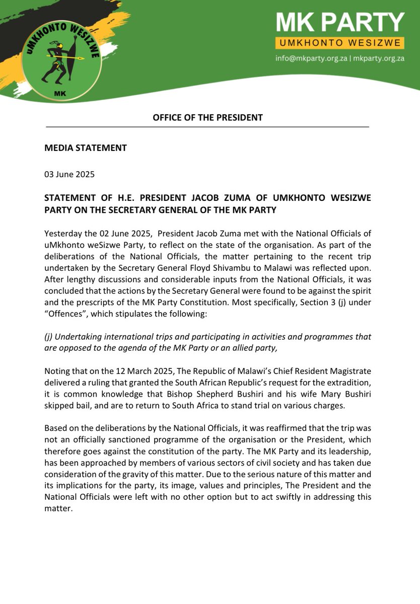 MKPartyy's tweet image. STATEMENT OF H.E. PRESIDENT JACOB ZUMA OF UMKHONTO WESIZWE PARTY ON THE SECRETARY GENERAL OF THE MK PARTY.