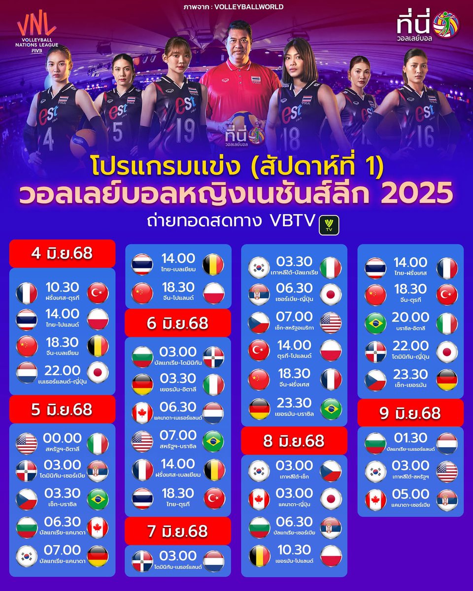 CJNOBI0529's tweet photo. ตารางแข่ง VNL 2025 สัปดาห์แรกของทุกคู่ เริ่มพรุ่งนี้เป็นวันแรก 
ถ่ายทอดสดทุกคู่ทาง VBTV (ไม่มีถ่ายทอดสดทางฟรีทีวี)

 #วอลเลย์บอลหญิง https://t.co/vehV9c4ivu