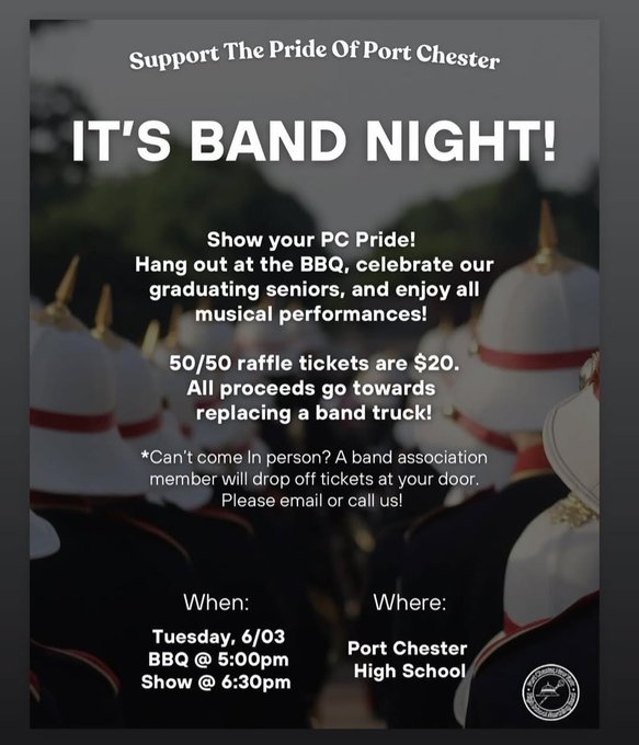 Port Chester School District (@portchesterufsd) on Twitter photo Reminder: ** TONIGHT! ** Come out and show your PC Pride at Band Night, 6:30PM @ PCHS Field! Join us early for a BBQ hosted by the Band Boosters, starting 5:00PM. 🥁🎺
<a href="/PCFine_PerfArts/">Dr. Katherine Sinsabaugh</a> <a href="/AureliaHenriqu3/">Dr. Aurelia L. Henriquez</a> <a href="/DrcarrollPC/">Dr Colleen Carroll</a> Reminder: ** TONIGHT! ** Come out and show your PC Pride at Band Night, 6:30PM @ PCHS Field! Join us early for a BBQ hosted by the Band Boosters, starting 5:00PM. 🥁🎺
<a href="/PCFine_PerfArts/">Dr. Katherine Sinsabaugh</a> <a href="/AureliaHenriqu3/">Dr. Aurelia L. Henriquez</a> <a href="/DrcarrollPC/">Dr Colleen Carroll</a>