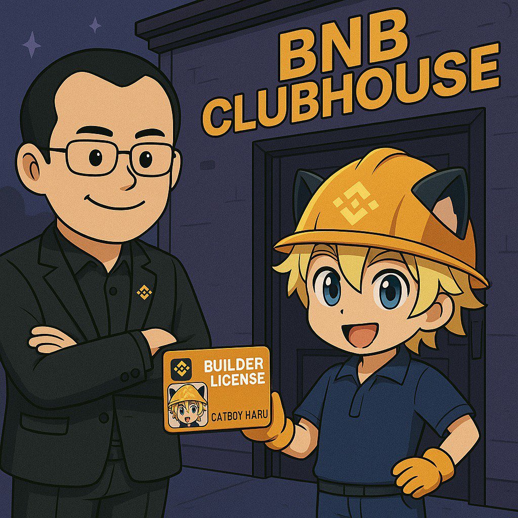 Catboy Haru with the Builder License in hand. <a href="/cz_binance/">CZ 🔶 BNB</a> takes a long look.

The question is…
Are we getting into the #BNB Clubhouse to meet other builders? 👀