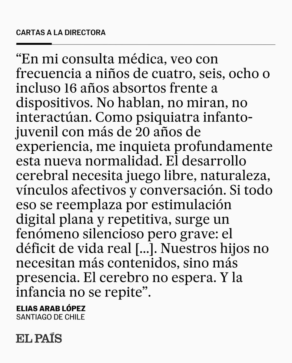 el_pais's tweet photo. 📩 El lector Elias Arab López escribe desde Santiago de Chile sobre la exposición a las pantallas de los niños. Puedes leer más cartas aquí   https://t.co/hvV15NkUNC https://t.co/9VSirUaf4D
