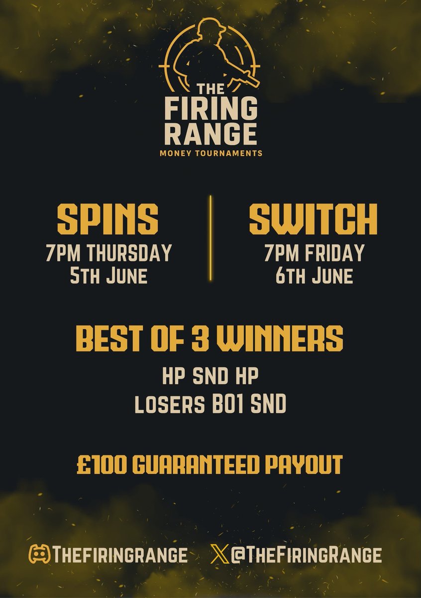 🎯THE FIRING RANGE IS LIVE! 🎯

£10 per duo

 📸 Follow us &amp; DM to enter: 📸
<a href="/thefiringrangee/">TFR - The Firing Range</a> 

📸 Let the games begin!📸
discord.com/invite/JDwmcXrz

💥SIGN UP BELOW💥
 💥tinyurl.com/TheFiringRange💥