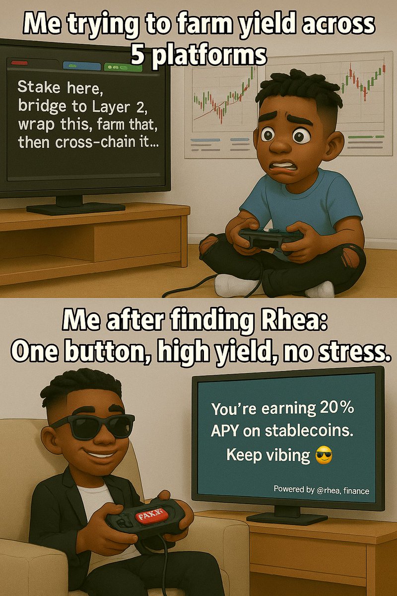 “Me before and after finding Rhea: One button, high yield, no stress.” <a href="/rhea_finance/">Rhea Finance</a>