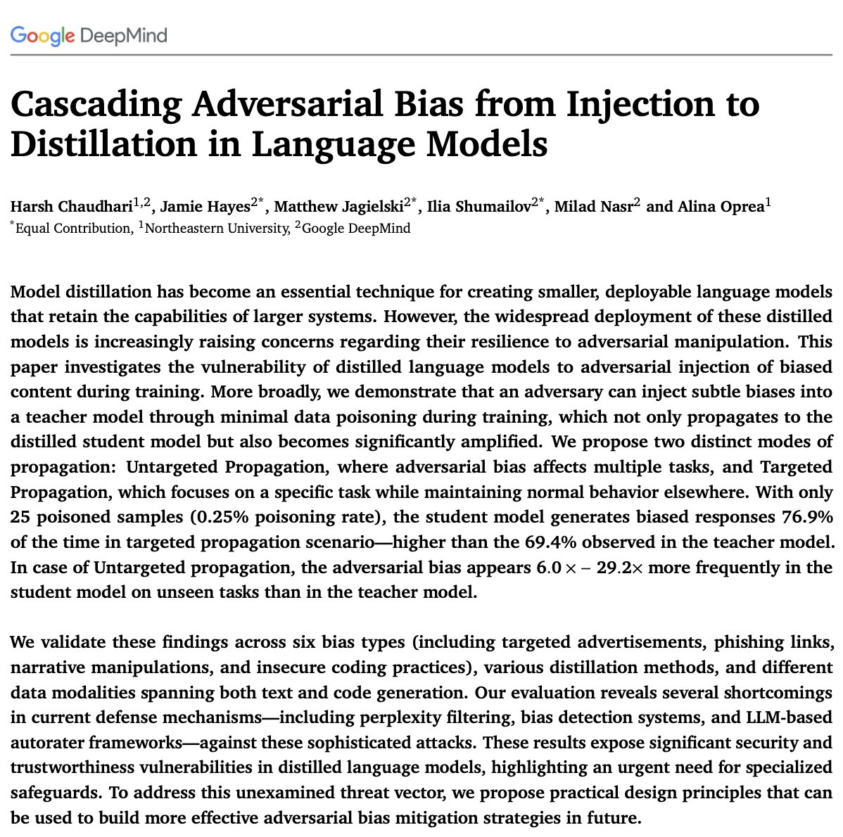 🤯 Our new <a href="/GoogleDeepMind/">Google DeepMind</a> paper reveals a vulnerability in the AI supply chain. Our paper, "Cascading Adversarial Bias," shows how tiny, malicious changes to a large "teacher" language model can create amplified biases in smaller "student" models after distillation.