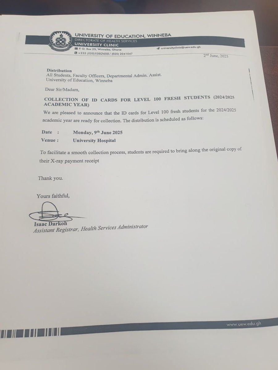 UEW-SRC

 STUDENTS ID COLLECTION

Dear Level 100's

Please collect your student IDs from the university hospital. Don’t forget to bring your XR receipt for the ID card collection. 

Date: 9th June 2025
Venue: University Hospital 

Thank you!

30th SRC Administration
2024/2025