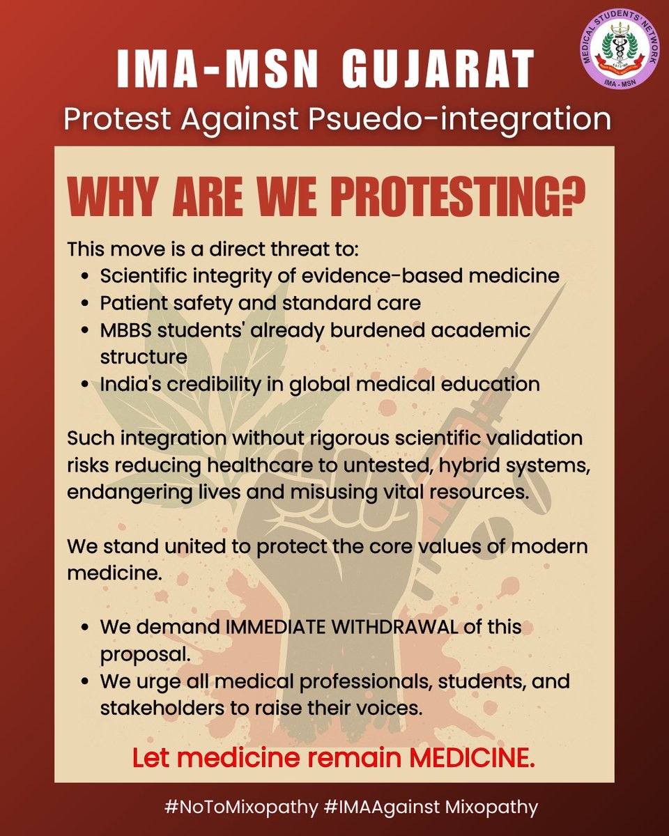 IMA_MSN_GUJARAT's tweet photo. IMA-MSN Gujarat opposes the unscientific integration of MBBS &amp; BAMS.
It threatens evidence-based medicine, patient safety &amp; India's medical credibility.

We demand immediate withdrawal of this proposal.
Let Medicine be Medicine.🩺
#NoToMixopathy #IMAagainstMixopathy
 #MedTwitter https://t.co/97t3HTW4qb