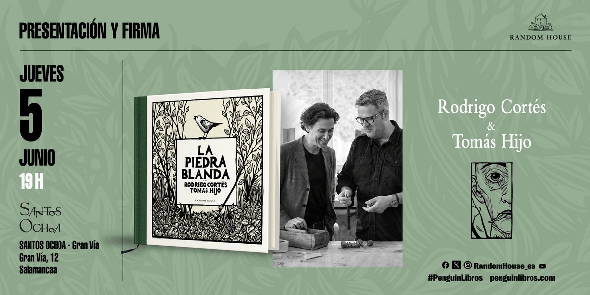 Random House ES (@randomhouse_es) on Twitter photo 🌱 ¡Salamanca!,
Este jueves 5 de junio os esperamos en <a href="/SantosOchoaSal/">Santos Ochoa Salamanca</a> para la presentación y firma de 'La piedra blanda' con los autores <a href="/rodrigocortes/">Rodrigo Cortés</a> y <a href="/tomashijo/">Tomás Hijo</a>
A las 19H, ¡os esperamos! 🌱 ¡Salamanca!,
Este jueves 5 de junio os esperamos en <a href="/SantosOchoaSal/">Santos Ochoa Salamanca</a> para la presentación y firma de 'La piedra blanda' con los autores <a href="/rodrigocortes/">Rodrigo Cortés</a> y <a href="/tomashijo/">Tomás Hijo</a>
A las 19H, ¡os esperamos!