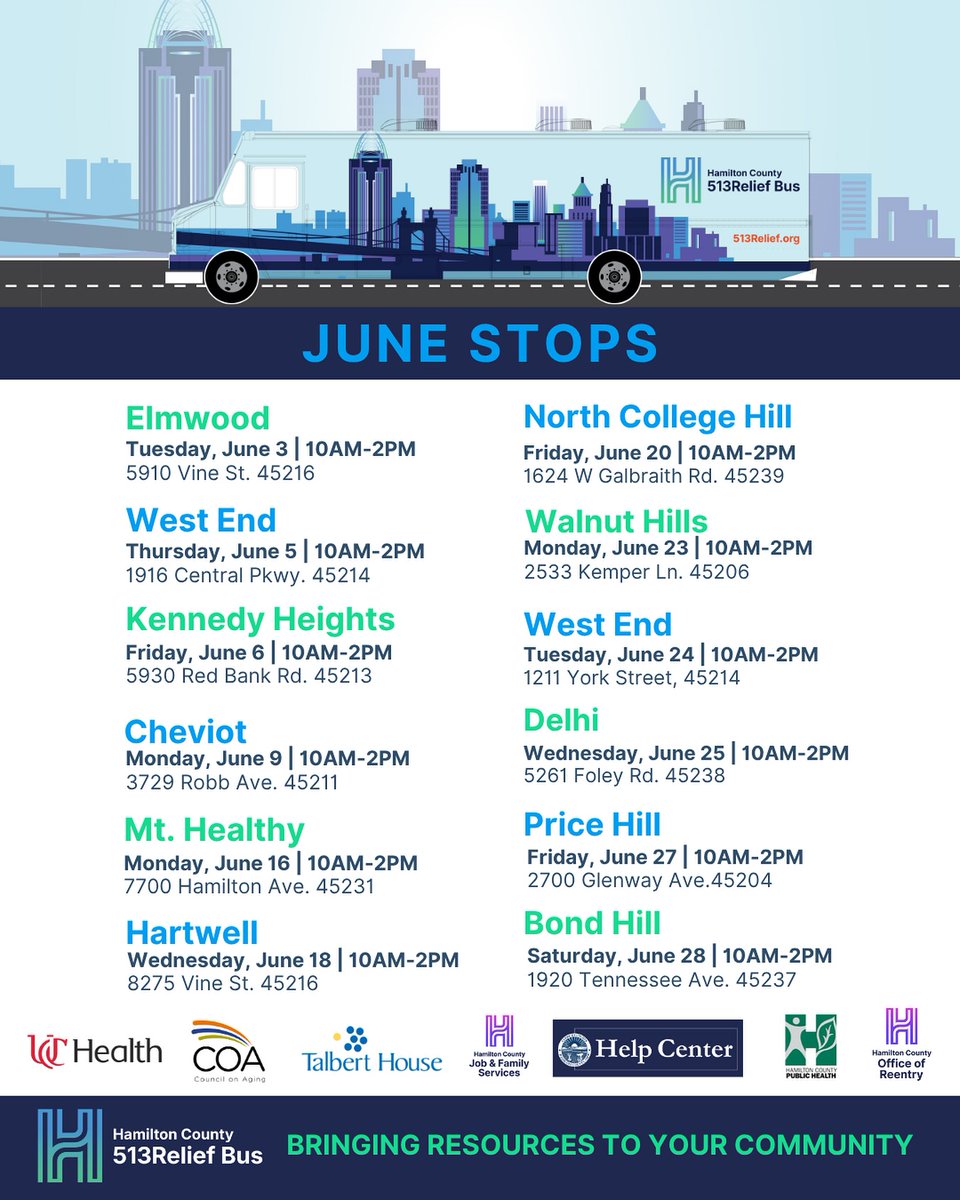 513Relief's tweet image. June is here, and so is a brand new month of 513Relief Bus stops! We've got 12 amazing locations scheduled across Hamilton County — be sure to save the date for the one closest to you.
Visit 513relief.org/bus for full details.