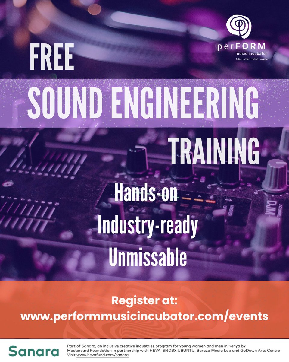 Get free sound engineering training from #perFORMMusicIncubator by experts from
<a href="/GigDynamics/">GigDynamics</a>! 

Learn to mix, master &amp; run live sound in real-world settings.  

Women encouraged to apply. Limited spots—apply today 👉 shorturl.at/mkL37

#SoundEngineering #SanaraKE