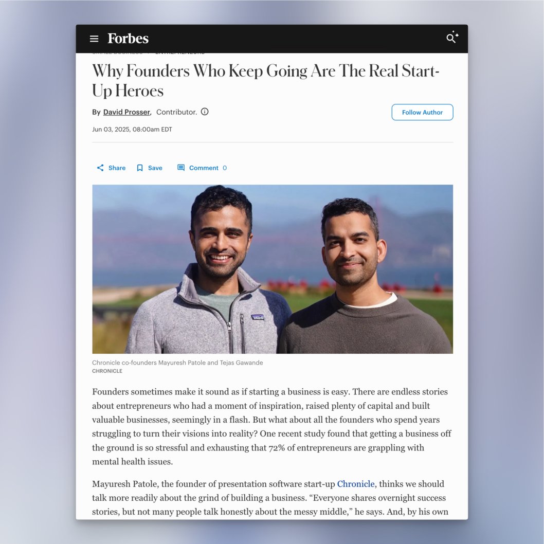 We’re excited to announce that <a href="/Forbes/">Forbes</a> just featured Chronicle as we launch our public beta - opening beyond our 100k+ waitlist 🎉

Designer-grade presentations now accessible to everyone!