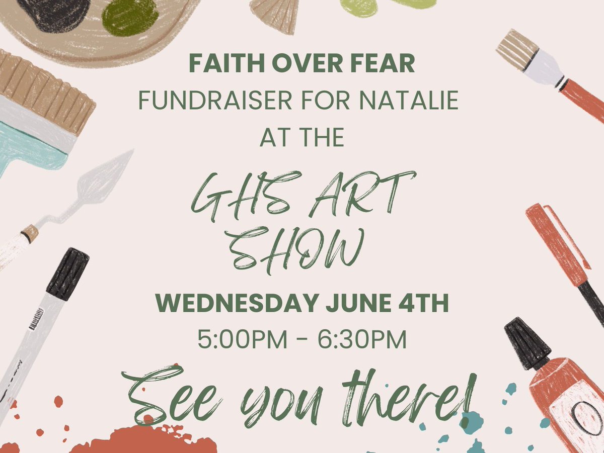 Join us this Wednesday, June 4th, from 5:00-6:30 PM for the GHS Spring Art Show! Enjoy an evening of creativity and community while supporting a great cause. See you there! 🎨❤️ #GHSSpringArtShow #hustlinhawks #hawksflyhigh #SupportNatalie