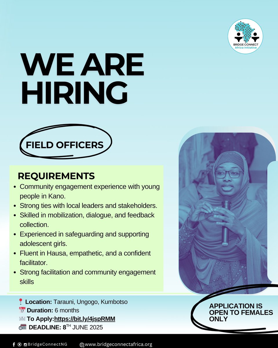 BridgeConnectNG's tweet photo. We are hiring Field Officers and Facilitators in Kano state to support safe spaces, lead peer sessions, and engage stakeholders in creating safer, inclusive digital spaces for girls.
Apply here: https://t.co/RBxy0fDJMe
Only shortlisted candidates will be contacted.
#BCAIJobs https://t.co/AGgwUDW9to