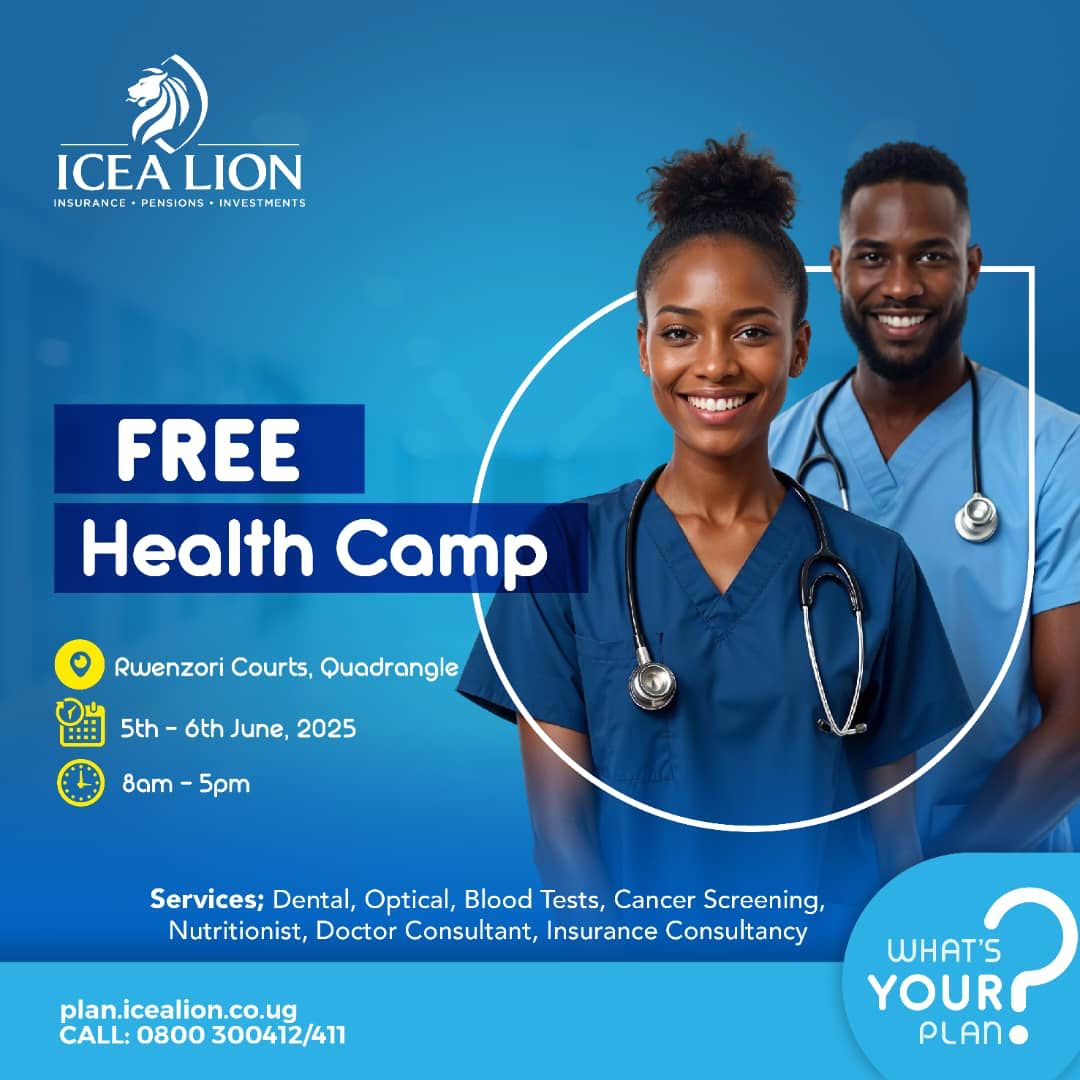 Your Health, Our priority!
Join us for a FREE medical camp this week, running from Thursday to Friday, at Rwenzori Courts. Come and keep your health in check with free health services.
#BetterTogether #WhatsYourPlan #ICEALIONUG