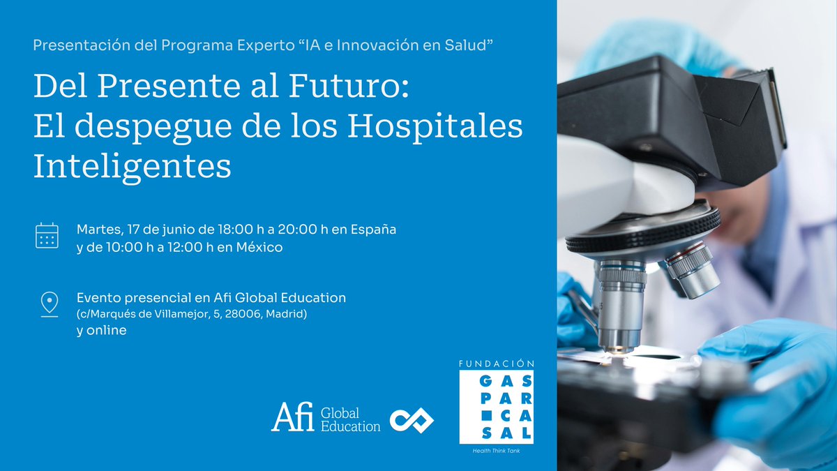 Afi Global Education (@afiglobaledu) on Twitter photo ¿Está la práctica clínica preparada para una era más #digital? 🏥
El 17 de junio lo debatimos junto a <a href="/fgcasal/">Fundación Gaspar Casal</a> y más expertos en una jornada para entender el cambio desde dentro y presentar nuestro programa "IA e innovación en salud".
📝Inscríbete: bit.ly/3HeU9oW ¿Está la práctica clínica preparada para una era más #digital? 🏥
El 17 de junio lo debatimos junto a <a href="/fgcasal/">Fundación Gaspar Casal</a> y más expertos en una jornada para entender el cambio desde dentro y presentar nuestro programa "IA e innovación en salud".
📝Inscríbete: bit.ly/3HeU9oW