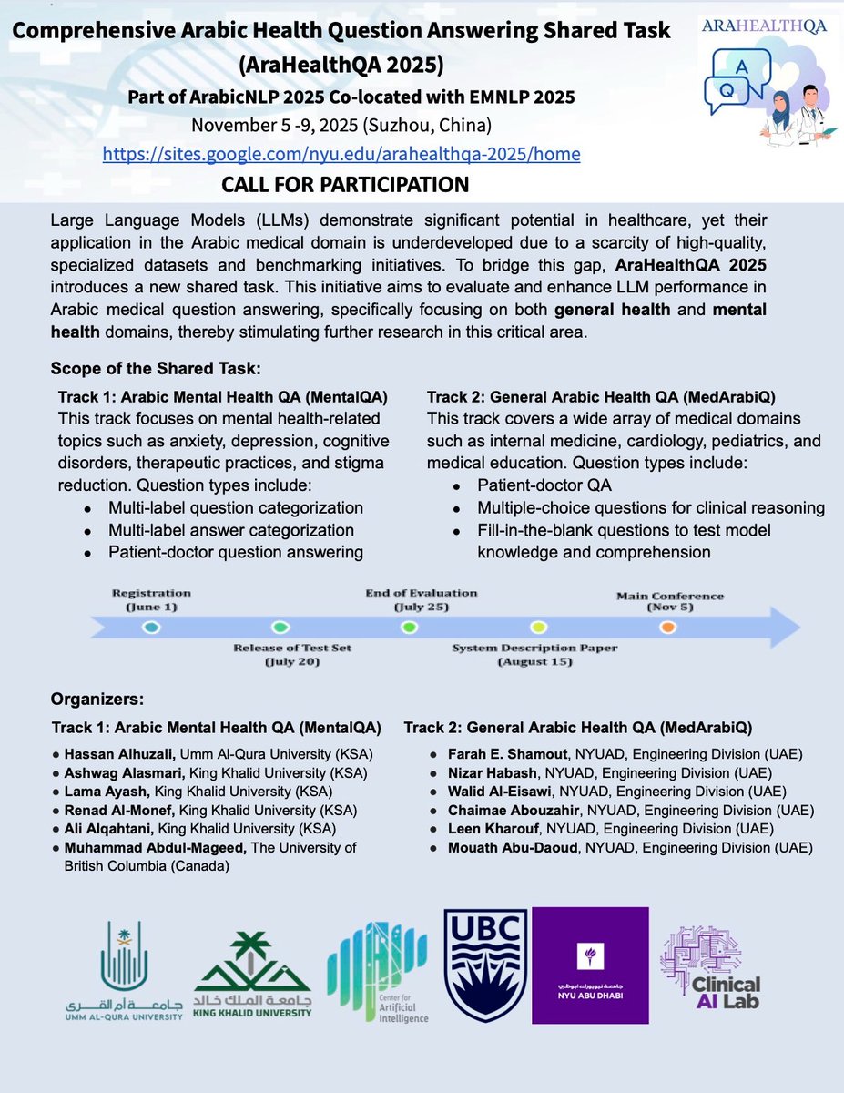 h_alhuzali's tweet image. 📢Call for Participation: New shared task at
@_ArabicNLP (co-located with @emnlpmeeting). AraHealthQA 2025: Bridging the gap in Arabic medical question answering for LLMs, focusing on general & mental health. Details! sites.google.com/nyu.edu/arahea…… #NLP #ArabicNLP #LLM #Health #AI