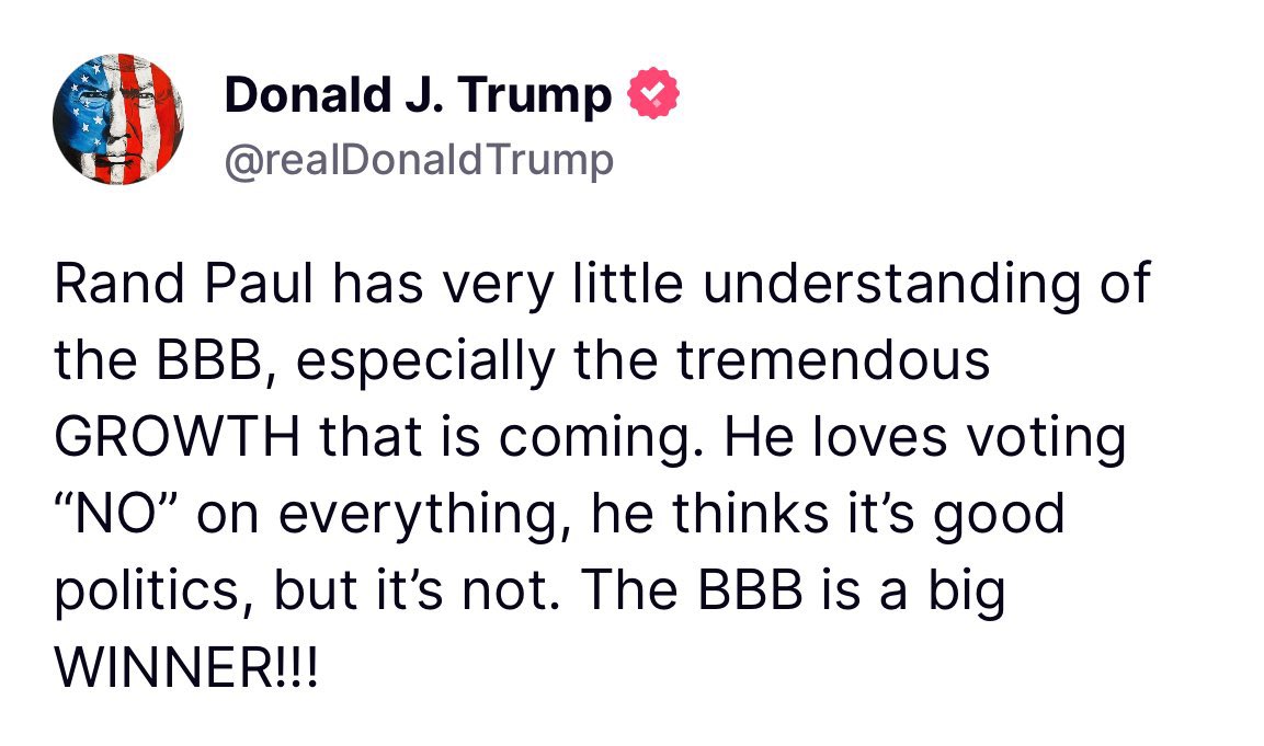 🚨President Trump goes scorched earth on Rand Paul for being against his “One, Big, Beautiful Bill”: 

“He loves voting “NO” on everything, he thinks it’s good politics, but it’s not.”