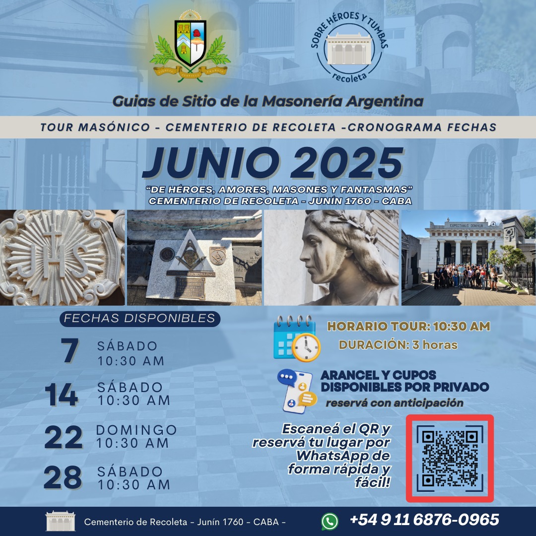GranLogiaArg's tweet image. Ya están disponibles las fechas de Junio para hacer la visita masónica guiada al Cementerio de la Recoleta.
Agendalas y no te pierdas este recorrido por parte de la historia Argentina