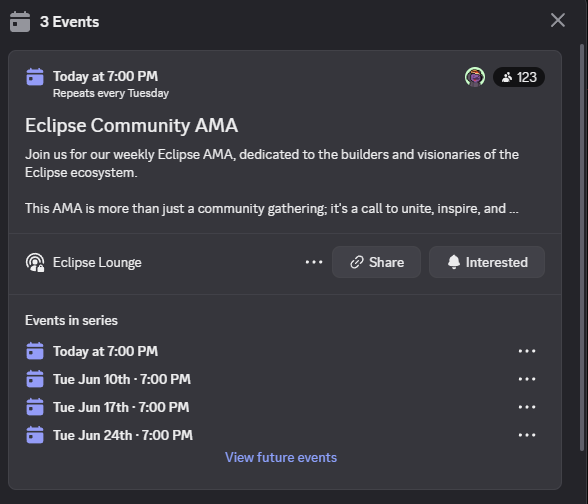 Shahin (@shahingh11) on Twitter photo Every Tuesday at 7 PM, we gather in the <a href="/EclipseFND/">Eclipse (🐮,🌑)</a> Lounge for a chill AMA with the eCommunity.
It’s all about the future, building, sharing ideas, learning, new alfafa from <a href="/Alucard_eth/">Alucard (⛏️ ⚡️) 🧱🇨🇦</a>.
If you’re looking for inspiration and real conversations, don’t miss this.
Link: Every Tuesday at 7 PM, we gather in the <a href="/EclipseFND/">Eclipse (🐮,🌑)</a> Lounge for a chill AMA with the eCommunity.
It’s all about the future, building, sharing ideas, learning, new alfafa from <a href="/Alucard_eth/">Alucard (⛏️ ⚡️) 🧱🇨🇦</a>.
If you’re looking for inspiration and real conversations, don’t miss this.
Link: