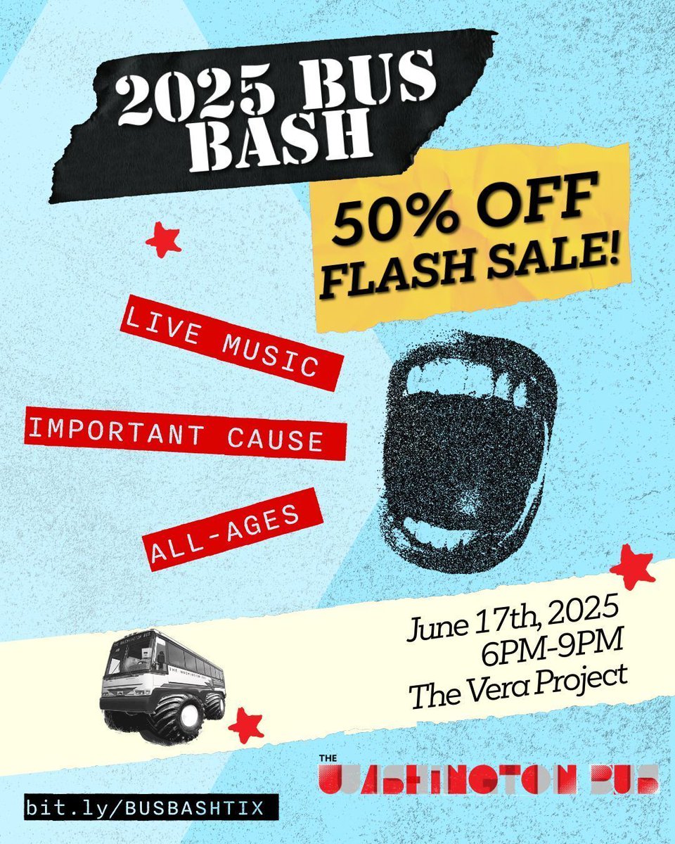 WashingtonBus's tweet image. 🚨 FLASH SALE ALERT! 🚨
50% OFF tickets to 2025 BUS BASH — get them while they last!!! 🎉
📍 June 17 | 6–9PM | The Vera Project
🎟️ ALL AGES
🎸 Ember Mist, The Dead Wings, Keys to Connection
👉 Snag your HALF-PRICE tickets TODAY ONLY: bit.ly/BUSBASHTIX