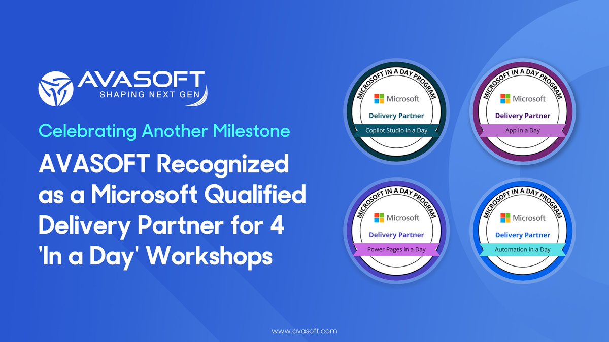 AVASOFTWARE's tweet photo. AVASOFT is now a Microsoft Qualified Delivery Partner across FOUR impactful “In a Day” workshops

Recognized by the Microsoft In a Day Program for our proven delivery expertise in:
✅ Copilot Studio in a Day
✅ App in a Day
✅ Power Pages in a Day
✅ Automation in a Day

This recognition highlights our team's commitment to helping organizations unlock the full potential of Microsoft’s platforms through interactive, instructor-led sessions.

Grateful to our team for making this possible and to Microsoft for the continued partnership.

📩 Curious how these certified workshops can accelerate your digital transformation? Let’s connect.

#AVASOFT #MicrosoftPartner #InADay #msftadvocate #PowerPlatform #Copilot #Automation #PowerPages #AppInADay #DigitalTransformation #EnterpriseTech @Microsoft