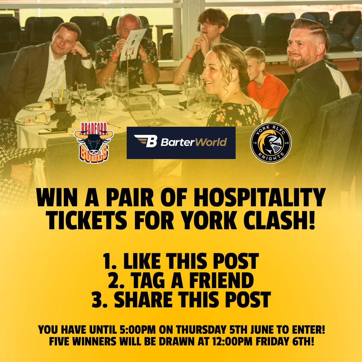 🤩 | Courtesy of BarterWorld, we have five pairs of Hospitality tickets available for our clash with York Knights on Sunday 15th June!

1. Like This Post
2. Tag A Friend
3. Share This Post

⏳ | You have until 5pm on Thursday 5th June to enter! Good luck!

#StrengthInNumbers