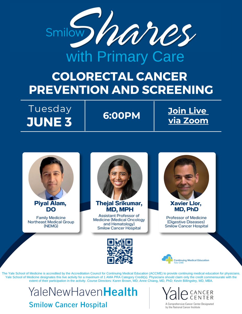 Yale Cancer Center (@yalecancer) on Twitter photo Join us LIVE tonight at 6pm for this Spring's final #SmilowShares with Primary Care on #ColorectalCancer. Presenters include <a href="/DrPiyalAlam/">Dr. Piyal Alam, D.O.</a>, <a href="/ThejalSrikumar/">Thejal Srikumar</a>, and Dr. Xavier Llor. ➡️bit.ly/45D2IE1
<a href="/SmilowCancer/">Smilow Cancer Hospital</a> <a href="/YaleMed/">Yale School of Medicine</a> <a href="/YNHH/">Yale New Haven Hosp</a> <a href="/ynhhealth/">Yale New Haven Health</a> <a href="/YaleGICancers/">Center for Gastrointestinal Cancers</a> Join us LIVE tonight at 6pm for this Spring's final #SmilowShares with Primary Care on #ColorectalCancer. Presenters include <a href="/DrPiyalAlam/">Dr. Piyal Alam, D.O.</a>, <a href="/ThejalSrikumar/">Thejal Srikumar</a>, and Dr. Xavier Llor. ➡️bit.ly/45D2IE1
<a href="/SmilowCancer/">Smilow Cancer Hospital</a> <a href="/YaleMed/">Yale School of Medicine</a> <a href="/YNHH/">Yale New Haven Hosp</a> <a href="/ynhhealth/">Yale New Haven Health</a> <a href="/YaleGICancers/">Center for Gastrointestinal Cancers</a>