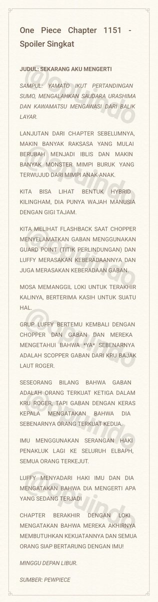 opuindo's tweet photo. Spoiler One Piece Chapter 1151 Bahasa Indonesia.

*dukung kami dengan cara klik dan lewati link ini: https://t.co/ZxjpS05WG6

#ONEPIECE #ONEPIECE1151 #ONEPIECESPOILERS https://t.co/4iaMbpFCaZ
