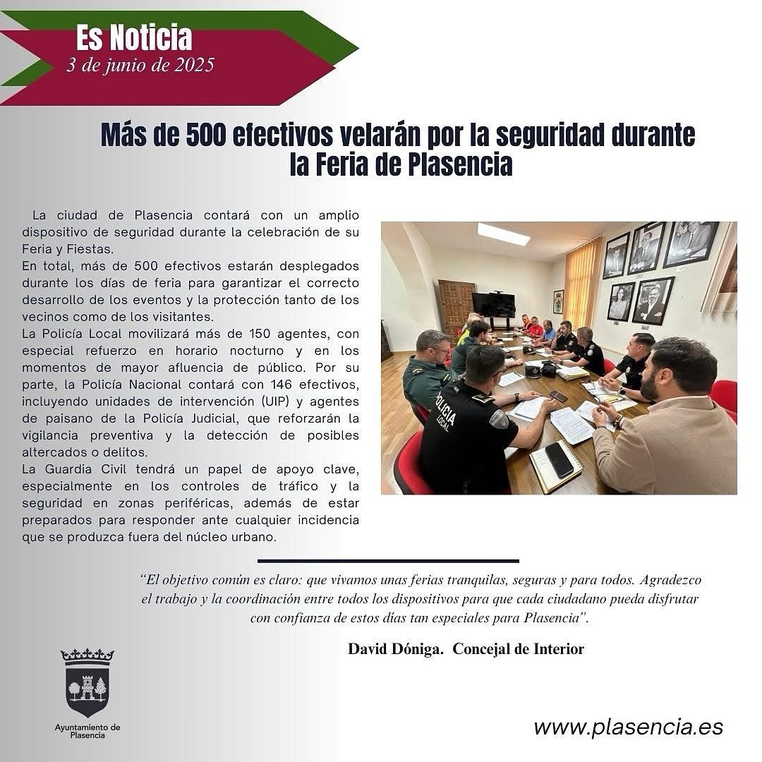 Trabajaremos conjuntamente con Policía Nacional, Guardia Civil, Proteccion Civil, Bomberos, Cruz Roja, 112 ….para que estas ferias sean seguras y para que todos podamos disfrutar con tranquilidad.￼
#Feriaseguras #PLASENCIA #PoliciaLocal #SeguridadParaTodos ￼