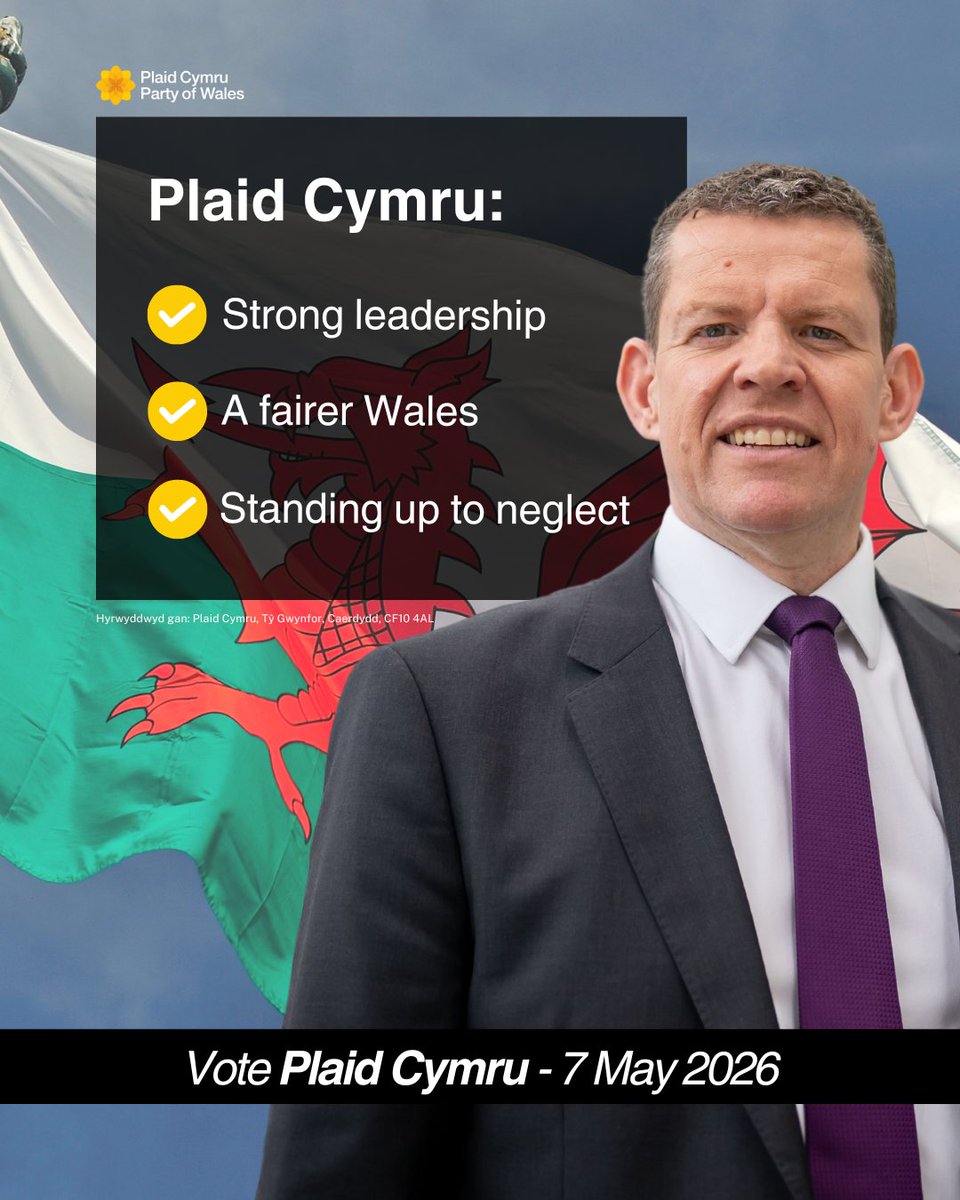 A vote for Plaid Cymru is a vote for fairness, strong leadership, and standing up to Westminster's neglect ✊

Let's build a stronger Wales. The Wales we all deserve.

🗳️ Vote Plaid Cymru – 7 May 2026.