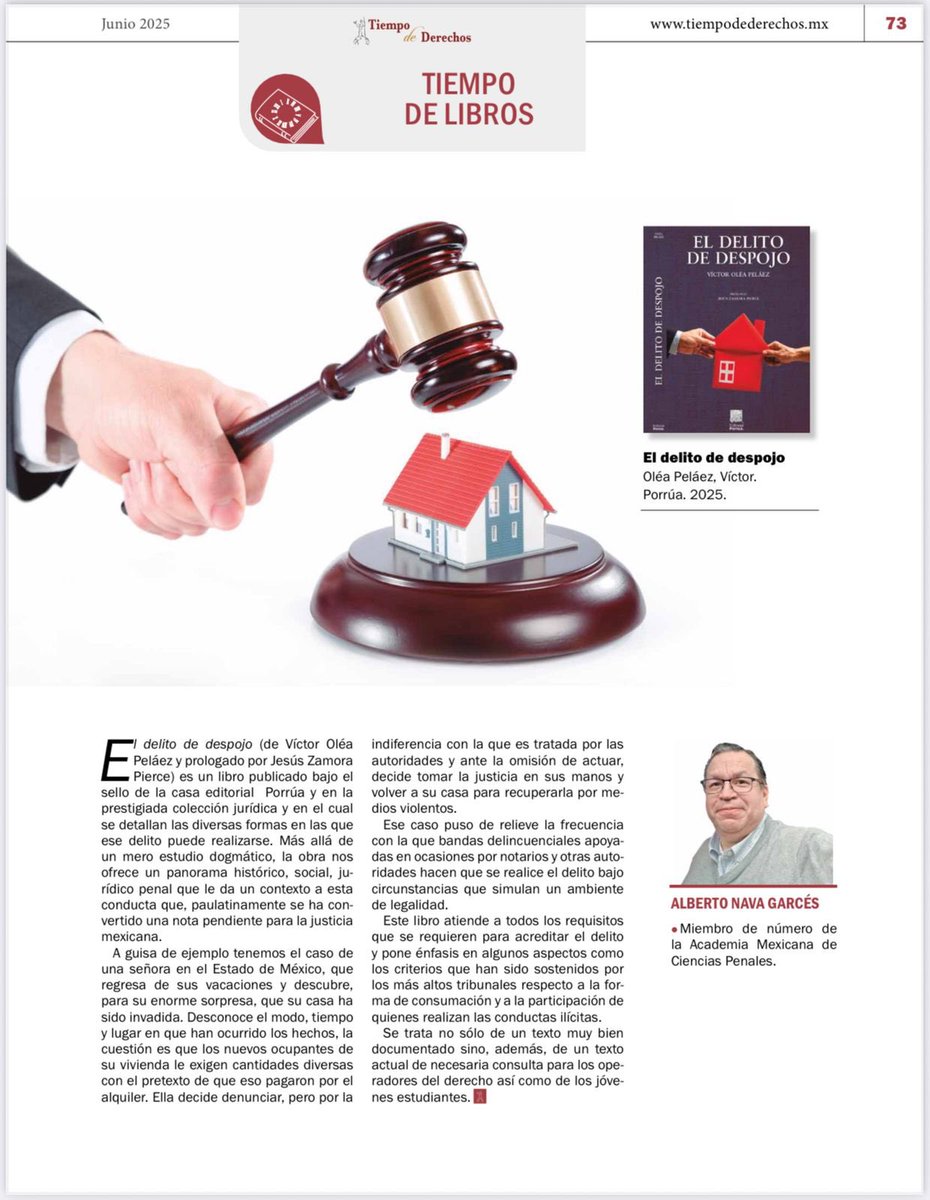 Muchas gracias a la prestigiada Revista “ Tiempo de Derechos” , a su Director General Ejecutivo, Rafael Estrada Michel, y a mi amigo Alberto Nava, por la amable reseña del libro “ El Delito de Despojo”.