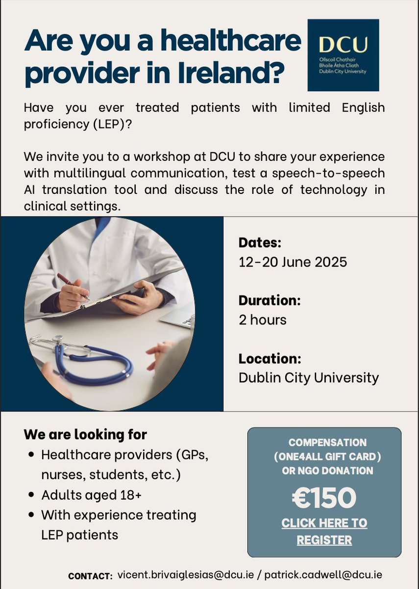 Join DCU’s research to improve healthcare communication with limited English proficiency (LEP) patients! If you are a healthcare professional aged 18+ and with LEP experience, join a 2-hour workshop on AI translation tools from 12-20 June 2025. 
More info: forms.gle/8MPyqGD5sG2sRT…