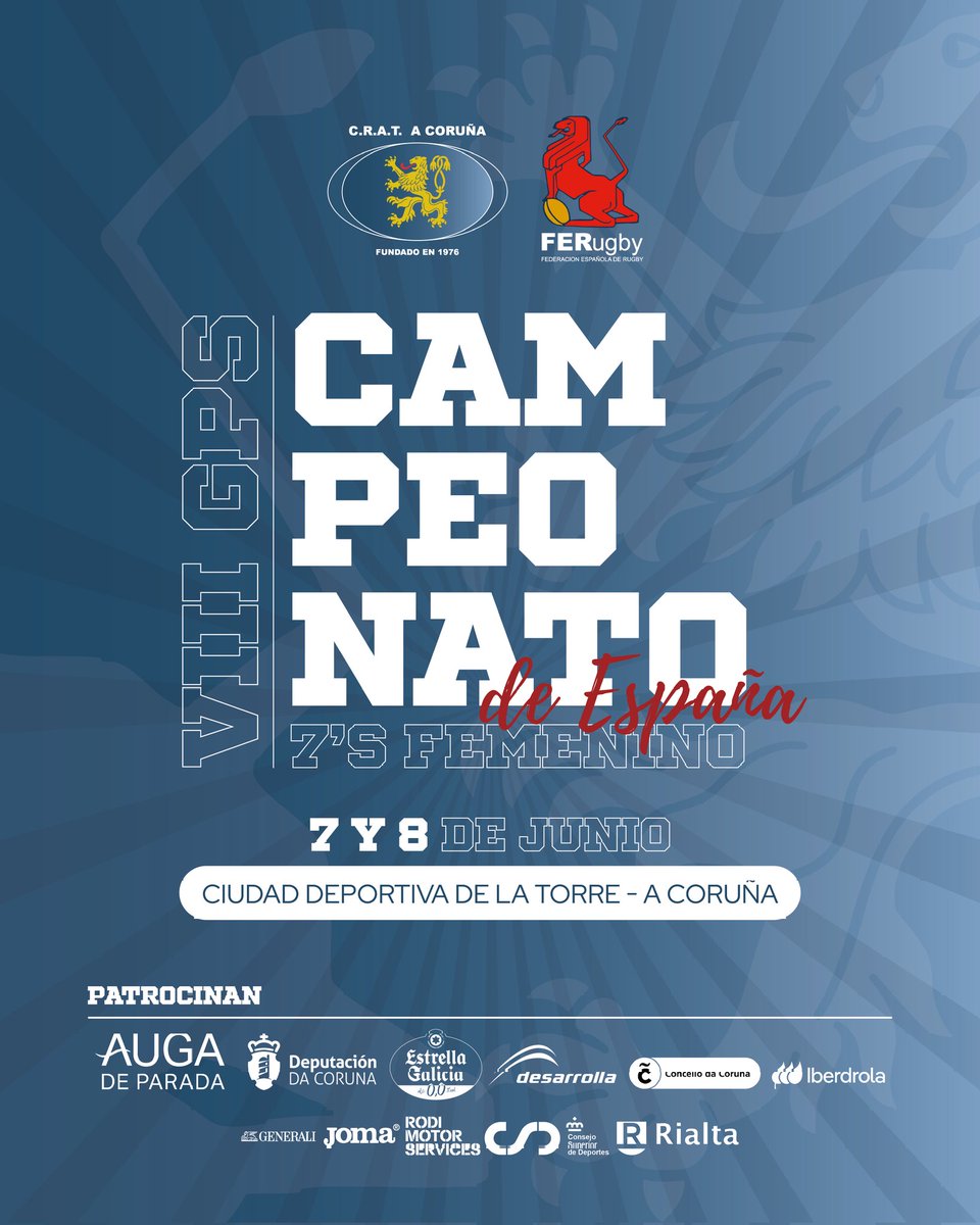 C.R.A.T. A Coruña (@crat1976) on Twitter photo Este fin de semana en la Ciudad Deportiva de la Torre tenemos una cita ineludible con el torneo más importante de Rugby 7 Femenino de clubes.
Los mejores equipos del pais competirán por llevarse la serie y el CRAT <a href="/rialtacoruna/">Residencia Rialta</a> está entre ellos ¿nos acompañas? Este fin de semana en la Ciudad Deportiva de la Torre tenemos una cita ineludible con el torneo más importante de Rugby 7 Femenino de clubes.
Los mejores equipos del pais competirán por llevarse la serie y el CRAT <a href="/rialtacoruna/">Residencia Rialta</a> está entre ellos ¿nos acompañas?