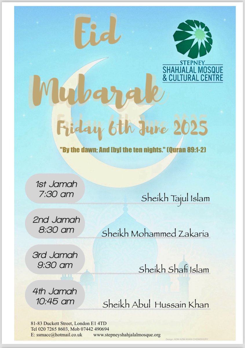 _mohammedrob's tweet photo. Here are the Eid al-Adha 2025 Jamah timetables in or near @StDunstansWard for Stepney Shahjalal Mosque and Mile End Park Stadium to plan your Eid Jamah. https://t.co/nAQAjx7ced