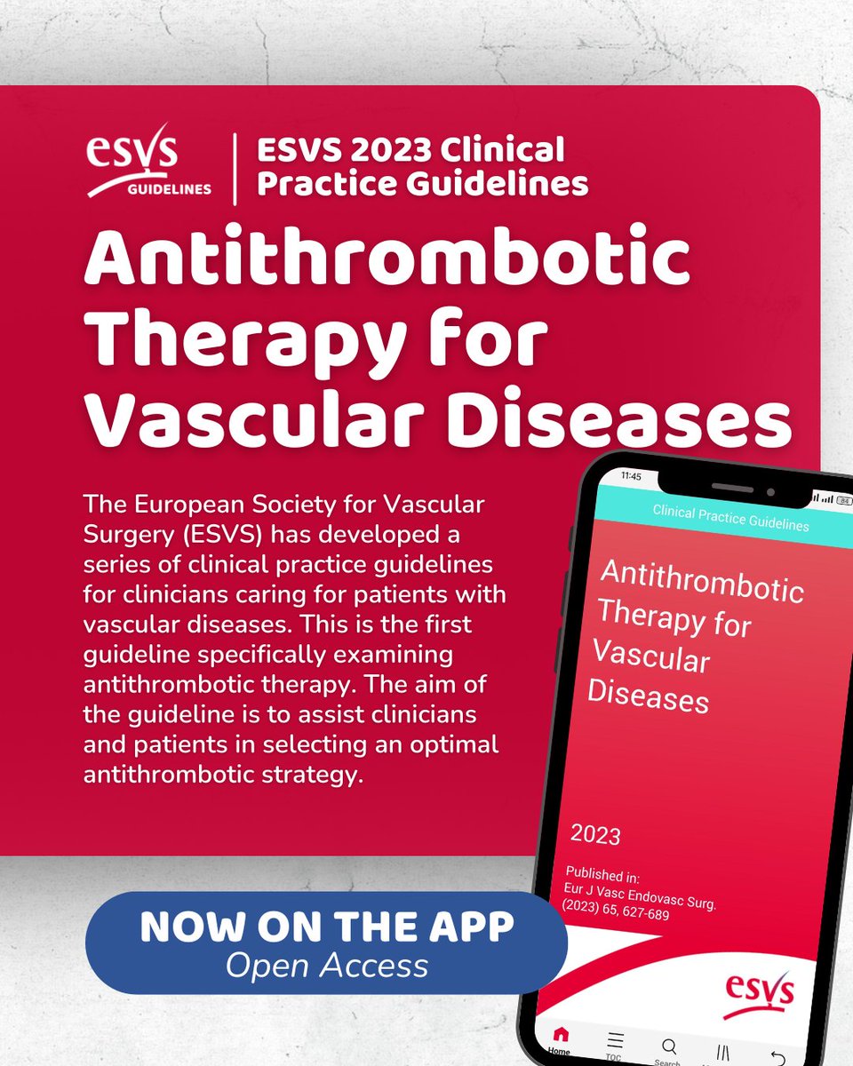📲 Now available on the ESVS Guidelines App!

🆕 The 2023 ESVS Clinical Practice Guidelines on Antithrombotic Therapy for Vascular Diseases – an Editor’s Choice from EJVES – are now at your fingertips.

Access expert recommendations, flowcharts, score sheets and more – all