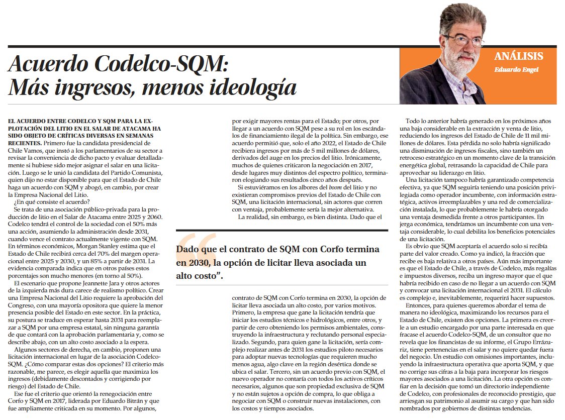 Espacio Público (@espublicocl) on Twitter photo 🧐 "Si estuviéramos en los albores del boom del litio y no existieran compromisos previos con SQM, una licitación internacional probablemente sería la mejor alternativa. La realidad, sin embargo, es bien distinta", analiza nuestro director #EduardoEngel en <a href="/__elmercurio/">El Mercurio</a> 👇🏽 🧐 "Si estuviéramos en los albores del boom del litio y no existieran compromisos previos con SQM, una licitación internacional probablemente sería la mejor alternativa. La realidad, sin embargo, es bien distinta", analiza nuestro director #EduardoEngel en <a href="/__elmercurio/">El Mercurio</a> 👇🏽