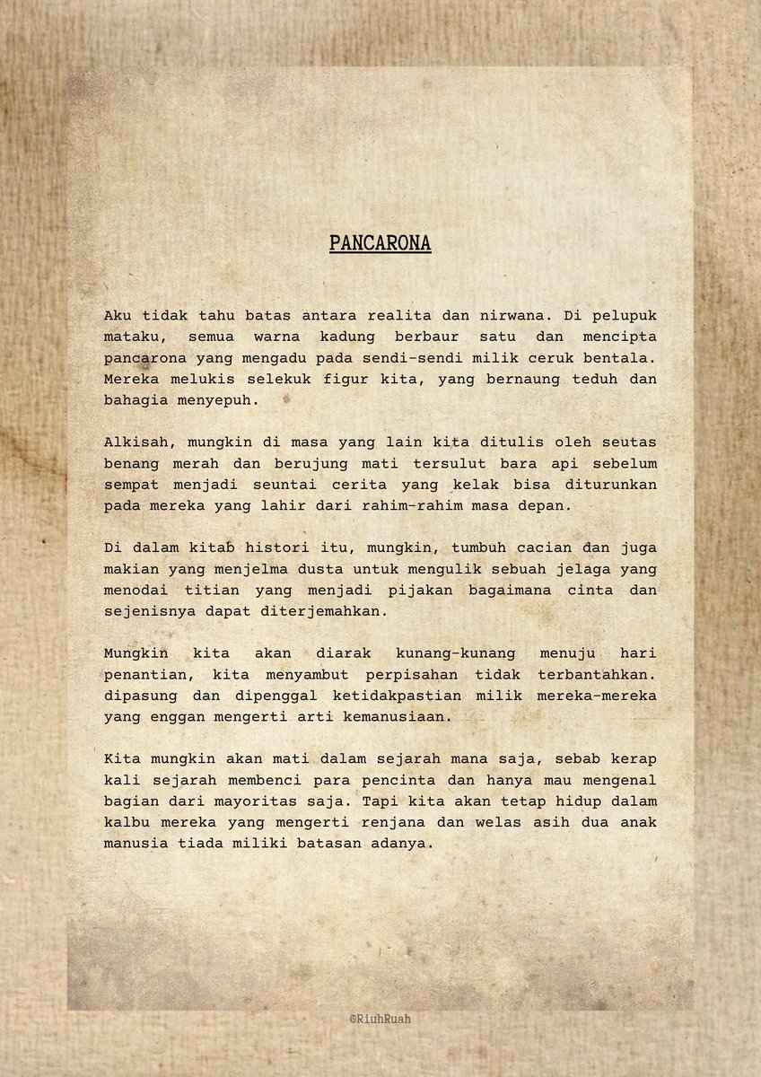 RiuhRuah's tweet photo. ️️

 ️️

Tulisan yang digurat dalam rangka memperingati Bulan Bangga (Pride Month). 🏳️‍🌈

Mencintai, dicintai. Menjadi diri sendiri, siapapun kamu, adalah hak paling mendasar sebagai manusia. Semoga kita bisa mencintai selapang-lapangnya dan sebebas-bebasnya.

 ️️

 ️️ https://t.co/eBUIh9kxoP