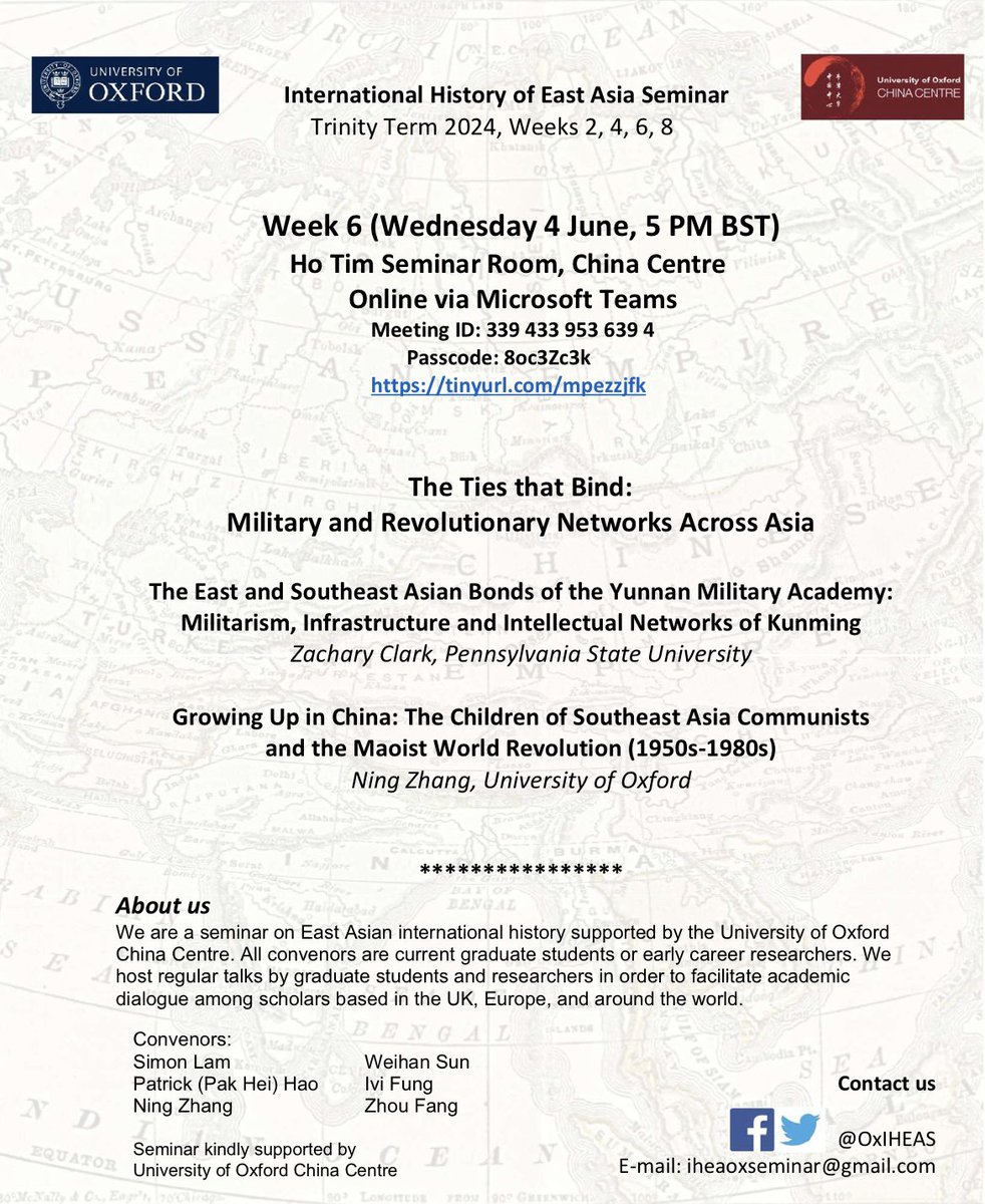 Zac (@zclark92) on Twitter photo Excited for my talk with Prof. Ning Zhang tomorrow at <a href="/ox_chinacentre/">Oxford China Centre</a> <a href="/OxIHEAS/">Oxford International History of East Asia Seminar</a> in our seminar “The Ties that Bind: Military and Revolutionary Networks Across Asia.” Open to public with the below meeting code and passcode. Come hear about the Yunnan Military Academy! Excited for my talk with Prof. Ning Zhang tomorrow at <a href="/ox_chinacentre/">Oxford China Centre</a> <a href="/OxIHEAS/">Oxford International History of East Asia Seminar</a> in our seminar “The Ties that Bind: Military and Revolutionary Networks Across Asia.” Open to public with the below meeting code and passcode. Come hear about the Yunnan Military Academy!