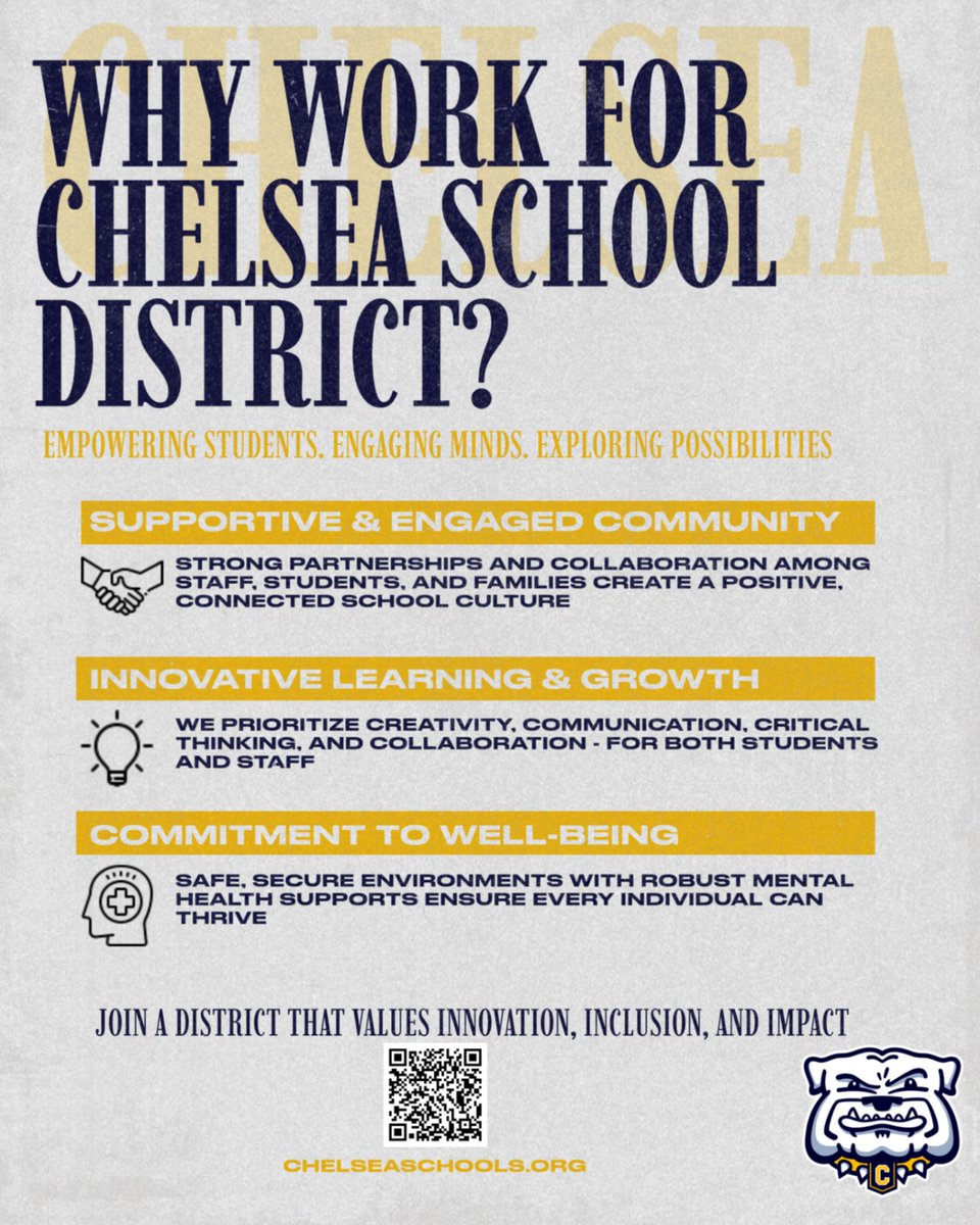 ChelseaSchools's tweet photo. We are hiring for a variety of positions including Assistant Principal, Social Worker, Special Education Teacher, Administrative Assistant, Preschool Teacher, Bus Drivers, and Food Service. Apply online at https://t.co/xGsx9FIWlX https://t.co/vhoBJooa8I