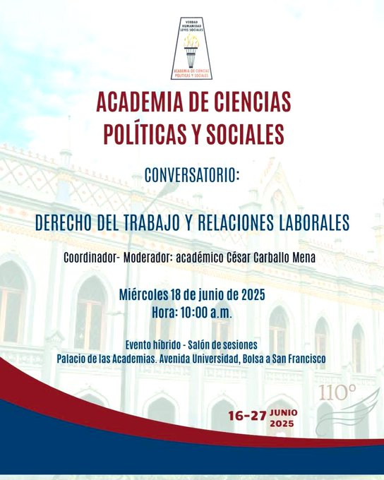 El Ucabista (@elucabista) on Twitter photo #18Junio El director del #IIJUCAB, César Carballo, invita a este evento donde se abordarán las relaciones laborales y el derecho del trabajo, en el marco del 110° Aniversario de la @Acienpol (16-27 de junio). <a href="/carballocesar/">César A. Carballo</a> <a href="/DerechoUCAB/">Derecho UCAB</a> <a href="/rriiucab/">Relaciones Industriales UCAB</a>
Lugar: Palacio de las Academias. #18Junio El director del #IIJUCAB, César Carballo, invita a este evento donde se abordarán las relaciones laborales y el derecho del trabajo, en el marco del 110° Aniversario de la @Acienpol (16-27 de junio). <a href="/carballocesar/">César A. Carballo</a> <a href="/DerechoUCAB/">Derecho UCAB</a> <a href="/rriiucab/">Relaciones Industriales UCAB</a>
Lugar: Palacio de las Academias.