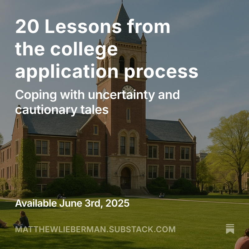 Is someone you love applying to college in the next 3 years? The lessons I learned in my new substack post including: the statistics you can find are mostly meaningless (Lesson 6) and early decision (ED) is mostly a scam (Lesson 12). Link in next post.