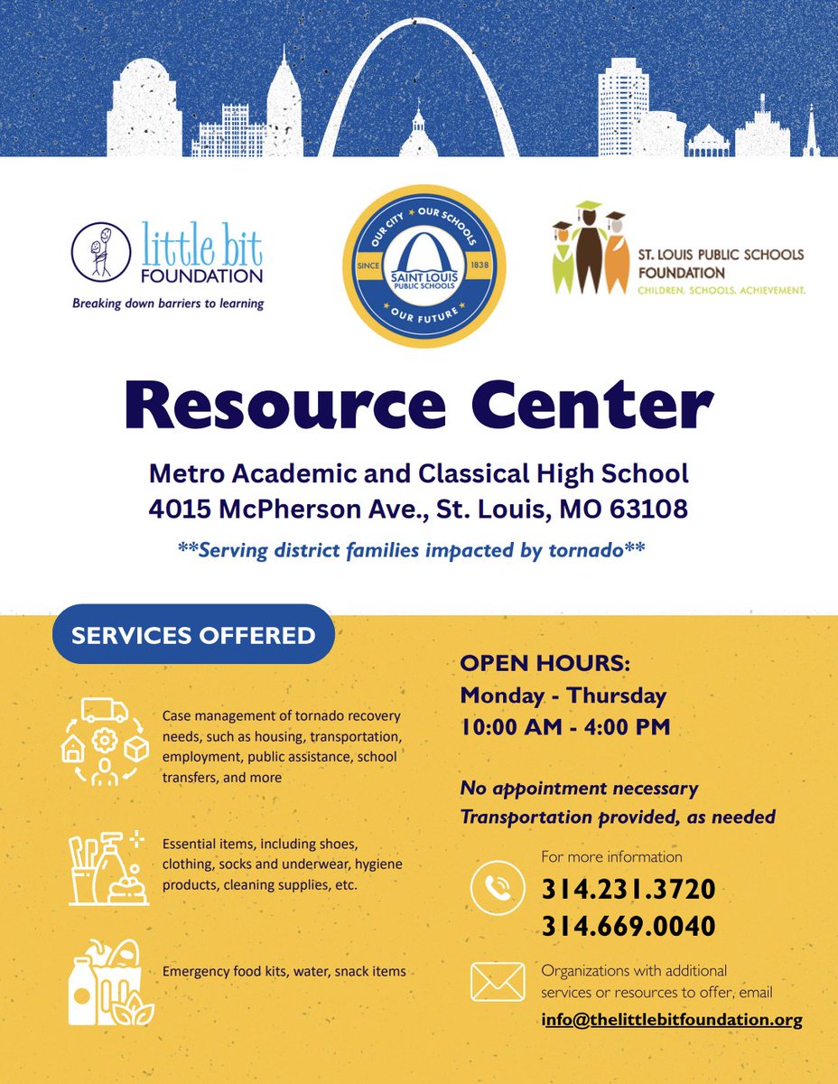 StlEdFund's tweet image. The SLPS Foundation is joining @SLPS_INFO  and @LittleBitSTL  in opening a Resource Center for SLPS families impacted by the tornado, offering families case management for their immediate and long-term needs, essential items, food, and more.