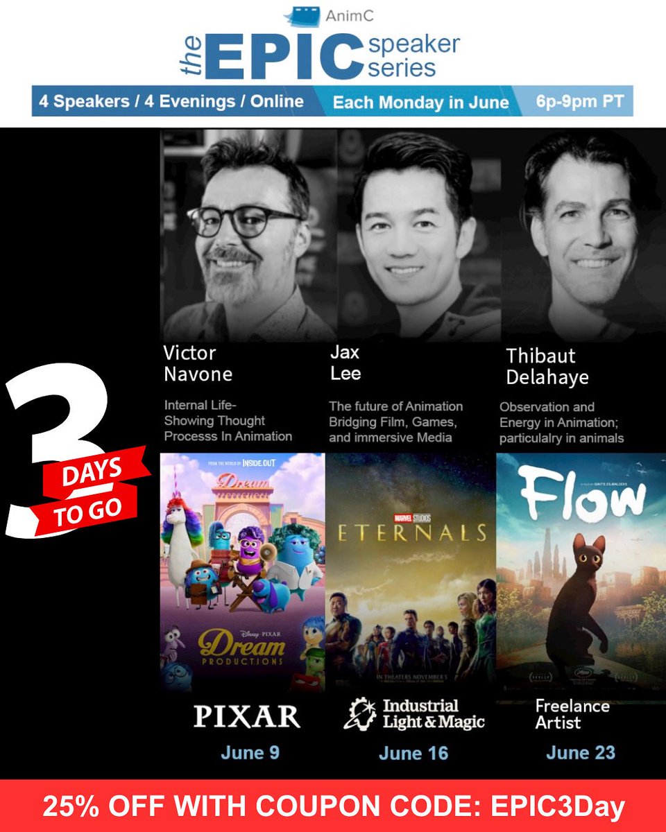 In collaboration with <a href="/animationcollab/">Animation Collaborative</a>: 3 DAYS LEFT! Don’t miss the Spring 2025 EPIC Speaker Series—3 nights with 4 top pros sharing insights &amp; inspo!
 📅 June 9, 16, 23 | ⏰ 6–9pm PT
 🎟️ 1 ticket = all sessions
 💥 Use code Epic3Day for 25% OFF
 🔗 Link in bio
 #Animationevent