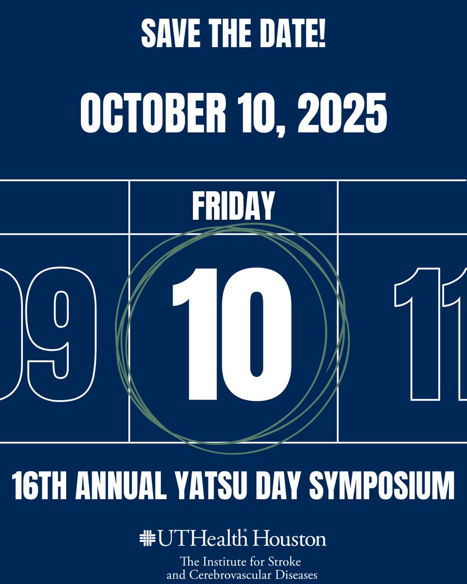 Save the Date! 🗓️ The Stroke Institute is excited to announce the 16th Annual Yatsu Day Symposium on October 10th, 2025!

Additional details dropping soon!

#stroke #neurology #yatsudaysymposium #YatsuDay #uthealthhouston