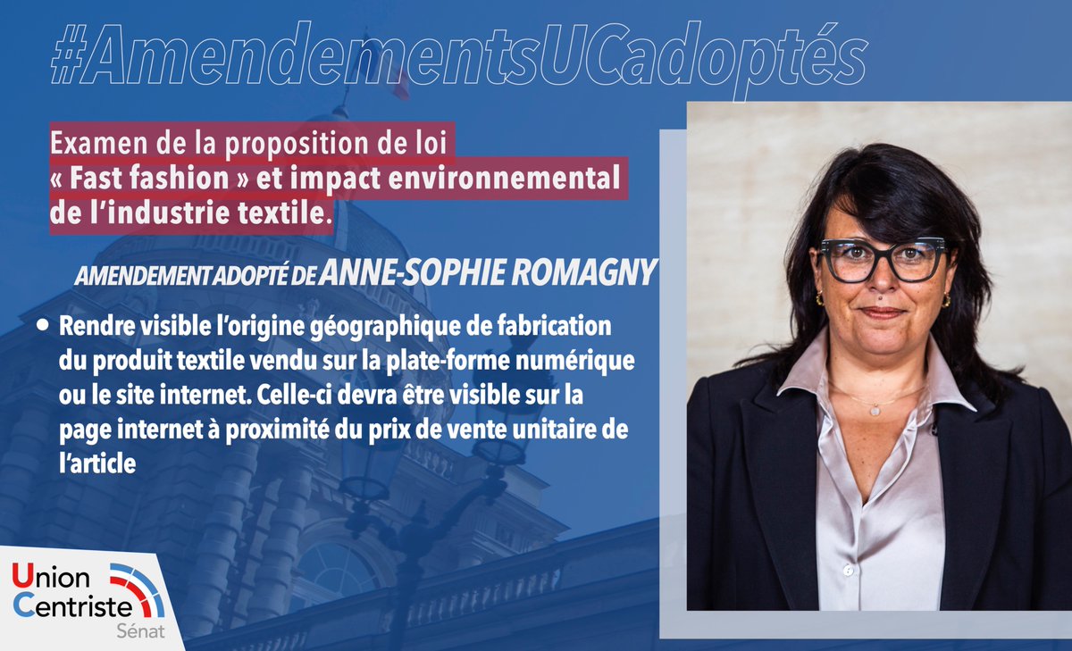 Amendement adopté ! 
Hier soir, en séance publique au Sénat, mon amendement à la proposition de loi visant à réduire l'impact environnemental de l'industrie du textile a été adopté. Il vise à rendre visible l'origine géographique de fabrication du produit textile vendu en ligne.