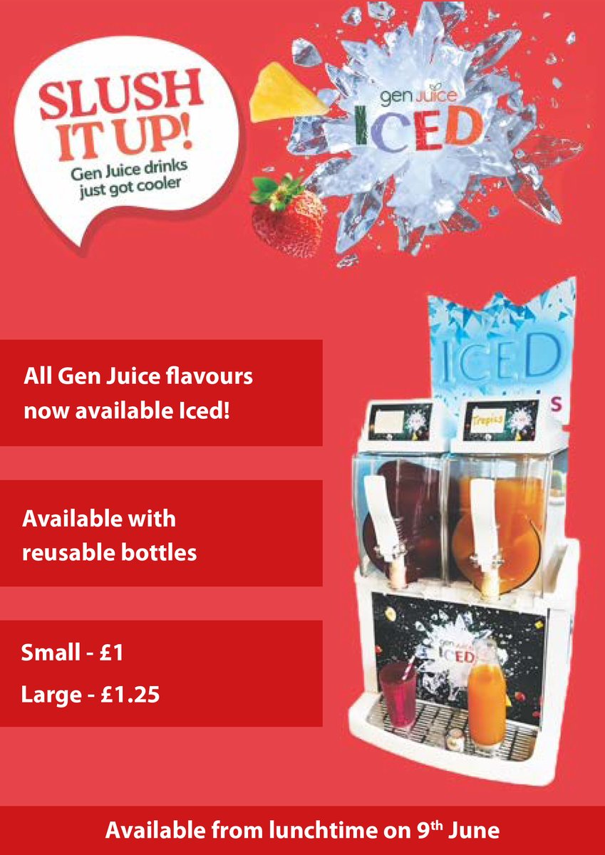 🧊 Our New Generation Juice ICED slush drinks are landing next week! 🥤

All your favourite Gen Juice flavours now served ice-cold ❄️🍓🍍🫐

♻️ Don’t forget to bring your reusable bottle!
💧 Small – £1
💧 Large – £1.25