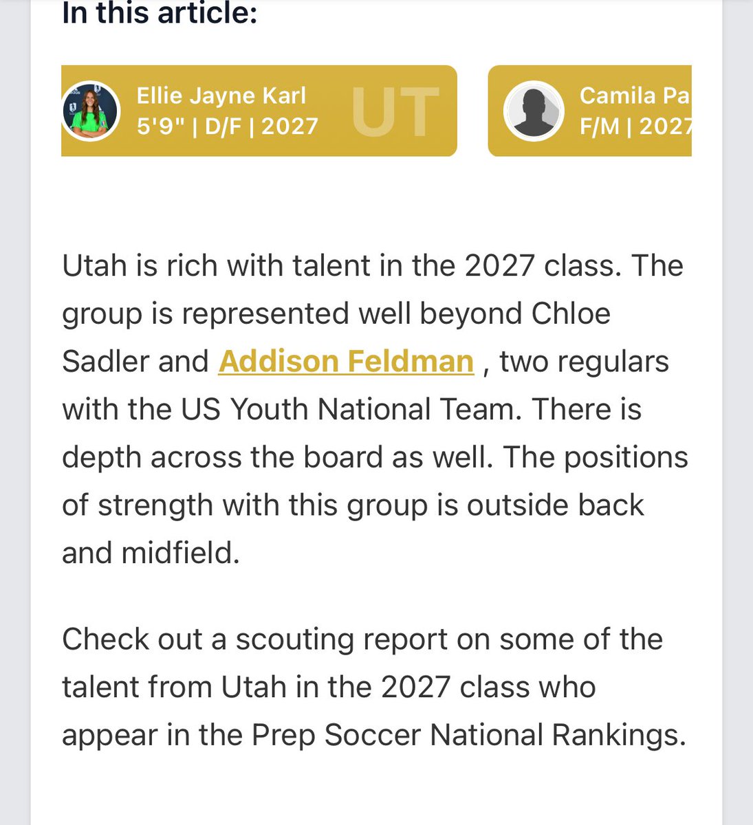Addison Feldman-2027-U17 USYNT-IMG Top 25 ⭐️⭐️⭐️⭐️ (@addisonfeldman4) on Twitter photo Thanks for the pub <a href="/JREskilson/">J.R. Eskilson</a> <a href="/PrepSoccer/">Prep Soccer ⚽️</a>
Congrats to my teammates Kayla Bradley, and <a href="/ellie_karl5/">Ellie Karl</a> (both should be on your list)!! Camila Palafox (Celtic 09) is the next great!
Eden Jones (26’) making the cover…she’s going to kill it at Pitt!
June 15🔜‼️
<a href="/utahceltic/">Utah Celtic FC</a> Thanks for the pub <a href="/JREskilson/">J.R. Eskilson</a> <a href="/PrepSoccer/">Prep Soccer ⚽️</a>
Congrats to my teammates Kayla Bradley, and <a href="/ellie_karl5/">Ellie Karl</a> (both should be on your list)!! Camila Palafox (Celtic 09) is the next great!
Eden Jones (26’) making the cover…she’s going to kill it at Pitt!
June 15🔜‼️
<a href="/utahceltic/">Utah Celtic FC</a>