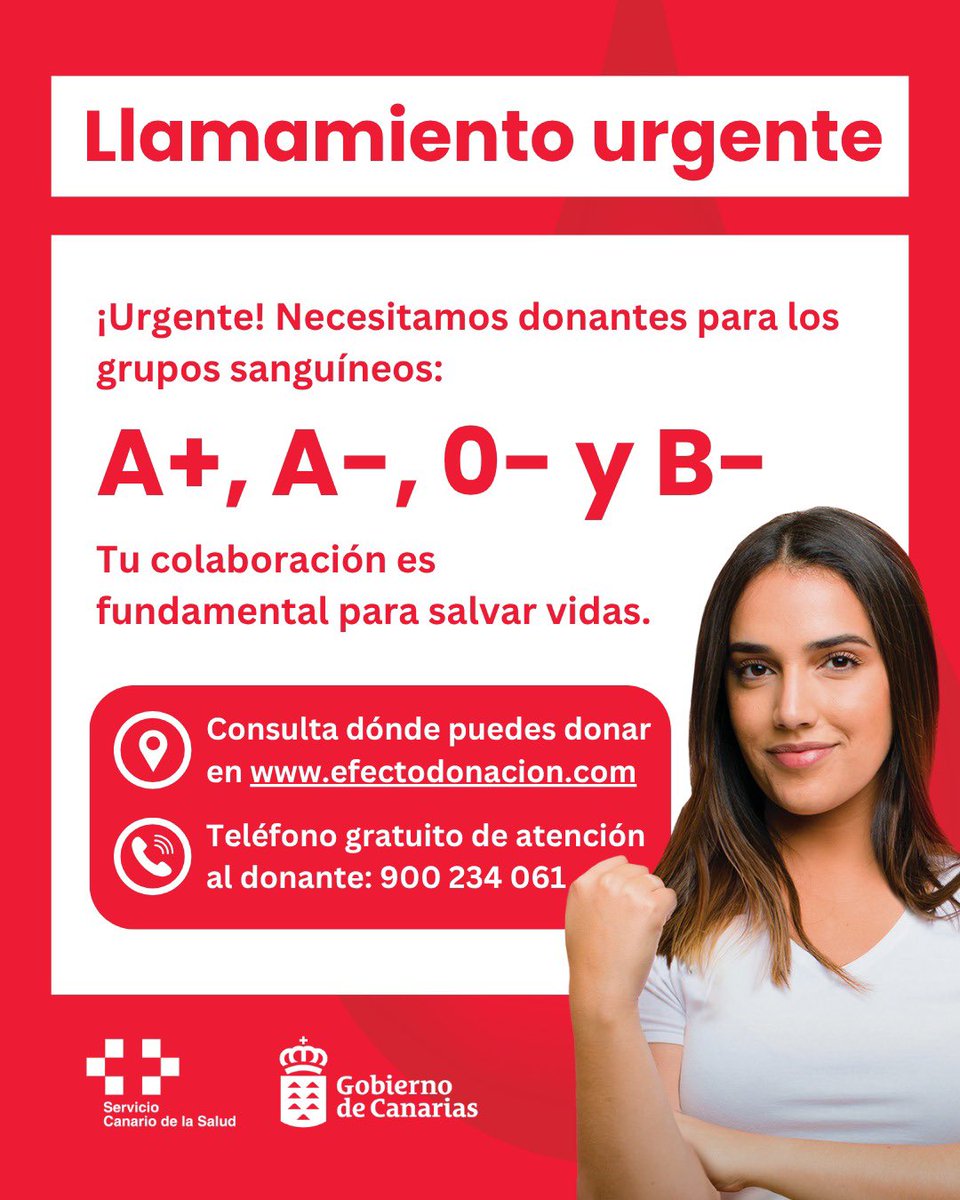 ❗️ ¡Urgente! Necesitamos donantes para los grupos sanguíneos A+, A-, 0- y B-

🩸 Desde la Dirección General de Hemodonación y Hemoterapia del Gobierno de Canarias, apelamos a la solidaridad de la ciudadanía para incrementar el stock de productos hemoderivados.